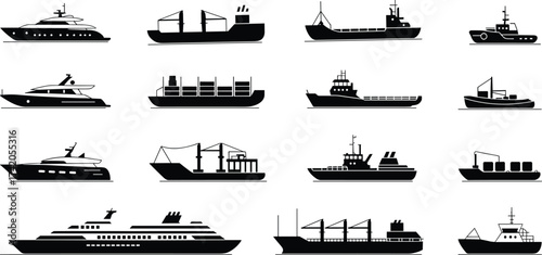 Ship and boat silhouette grid, cargo vessel, cruise ship, fishing boat, tugboat, yacht design, maritime transport, black icon set, nautical graphic, fleet