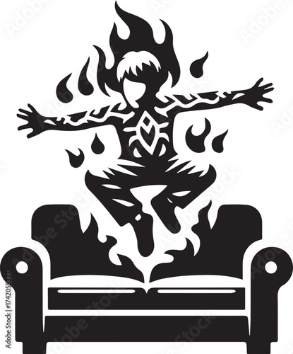 Burning Figure Levitating Above a Sofa, Representing Intense Emotions and Overwhelming Struggles
