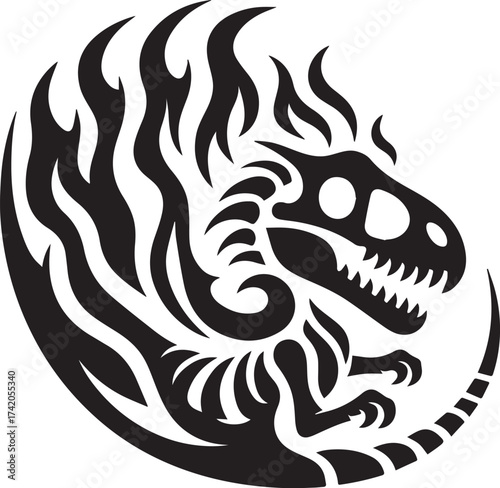Black and White Tribal Dinosaur Logo in Flames for Design and Illustration Purposes Only