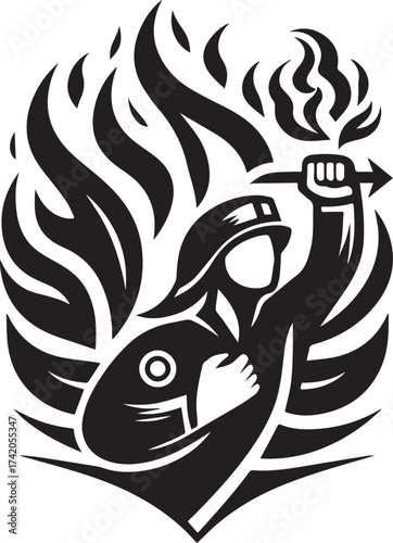 Symbolic Illustration of a Firefighter Holding a Torch Against a Backdrop of Flames