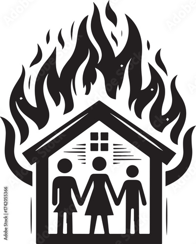 Conceptual illustration of a burning house depicting family in danger surrounded by flames