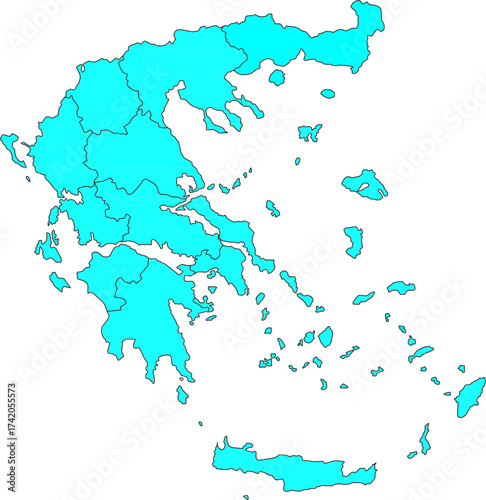 Detailed turquoise vector map of the Hellenic Republic (Greece), featuring all 13 administrative regions (Peripheries) and their internal borders, evoking the Aegean Sea.

