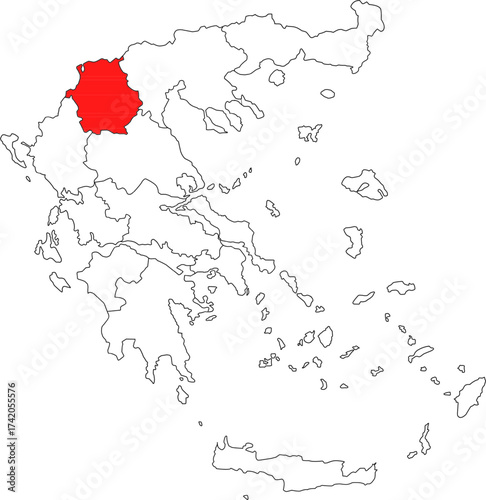 Detailed vector map of Greece highlighting West Macedonia (Ditiki Makedonia), a mountainous inland region known for its power generation and cold climate.

