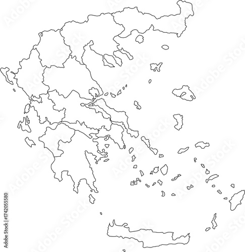 Highly precise detailed vector outline map of the Hellenic Republic (Greece), displaying the national boundary and all 13 administrative regions (Peripheries).

