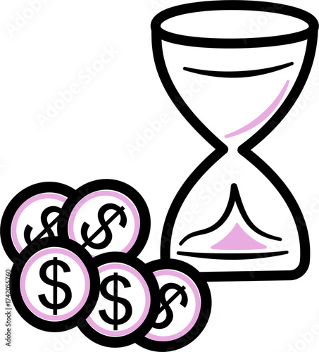 Simple Graphic Hourglass and Pile of Coin Symbolizing Time Is Money Concept