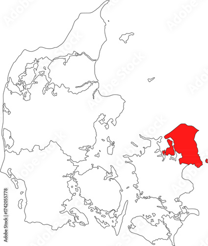 Detailed vector map of Denmark highlighting the Capital Region of Denmark (Hovedstaden), the region containing the capital city, Copenhagen, and the island of Bornholm.

