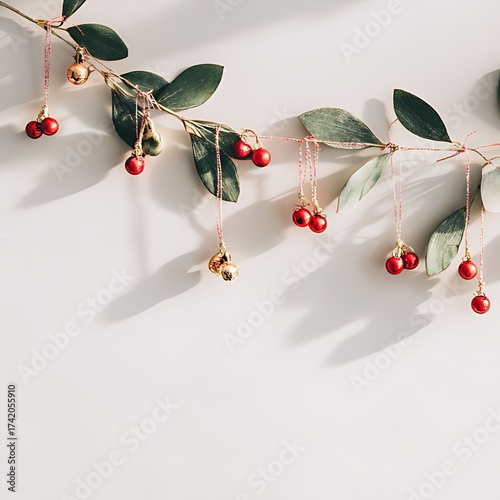 Festive branch with red berries and golden bells on white background