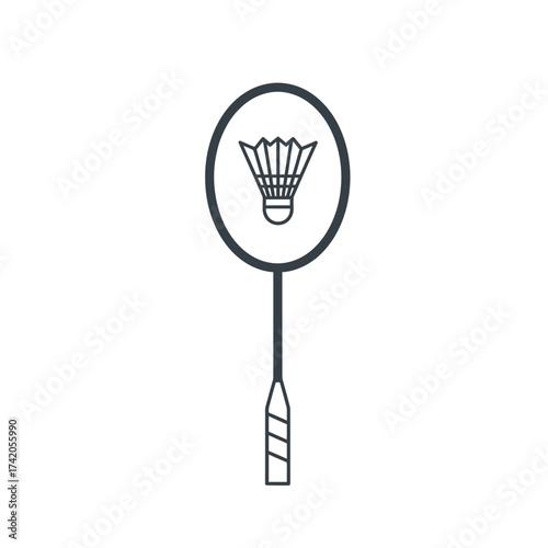 Simple line art illustration of a badminton racket with a shuttlecock, representing sport and recreation.