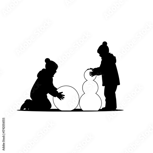 Two children joyfully building a snowman together, a heartwarming winter scene full of festive fun and childhood memories in silhouette art