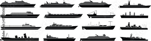 Ship and boat silhouettes, cruise ship, cargo vessel, military ship, fishing boat, yacht design, maritime transport, black graphic, naval icons, ocean fleet illustration