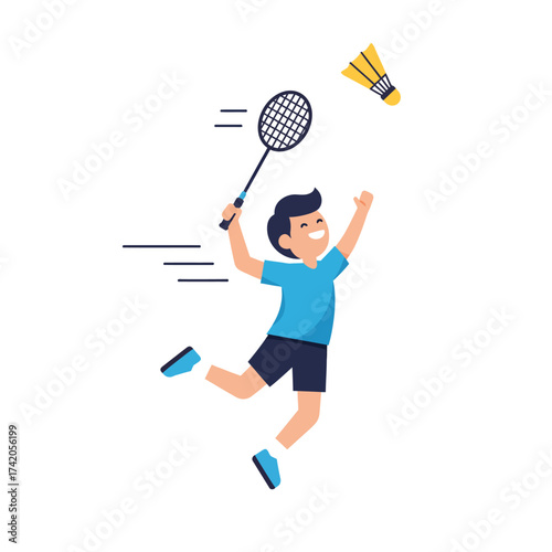 Energetic young boy joyfully playing badminton outdoors, jumping high to hit the shuttlecock with his racket.