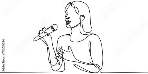 Minimalist illustration of a woman holding a microphone and singing, representing music, performance, talent, and artistic expression in line art design