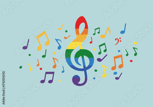 Rainbow Music: Colorful Clef and Notes Illustration.