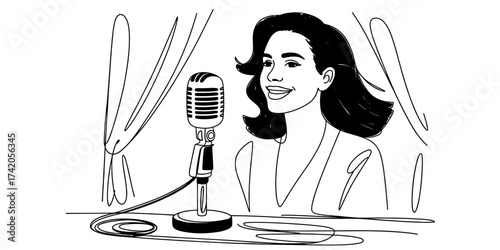 a woman sitting at a table with a retro microphone, drawn in minimalist line art, symbolizing podcast, radio, or performance.