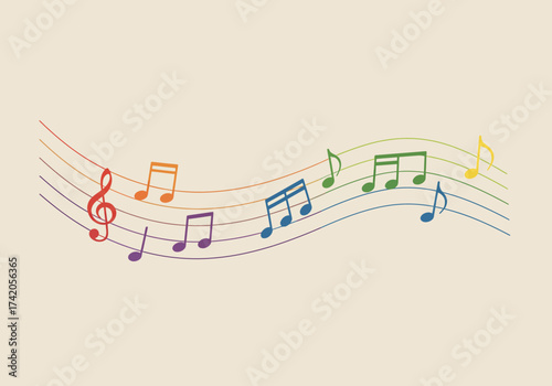 Colorful Musical Notes on Staff Lines Rainbow Music Theme.