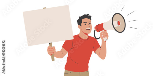 man holding a blank sign and shouting through a megaphone, ideal for protest, campaign, and announcement design concepts.