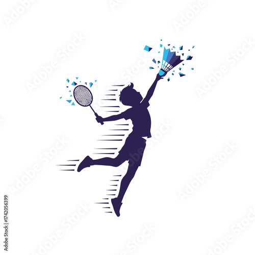 Dynamic silhouette of a badminton player leaping to smash a shuttlecock in a burst of energy and motion.