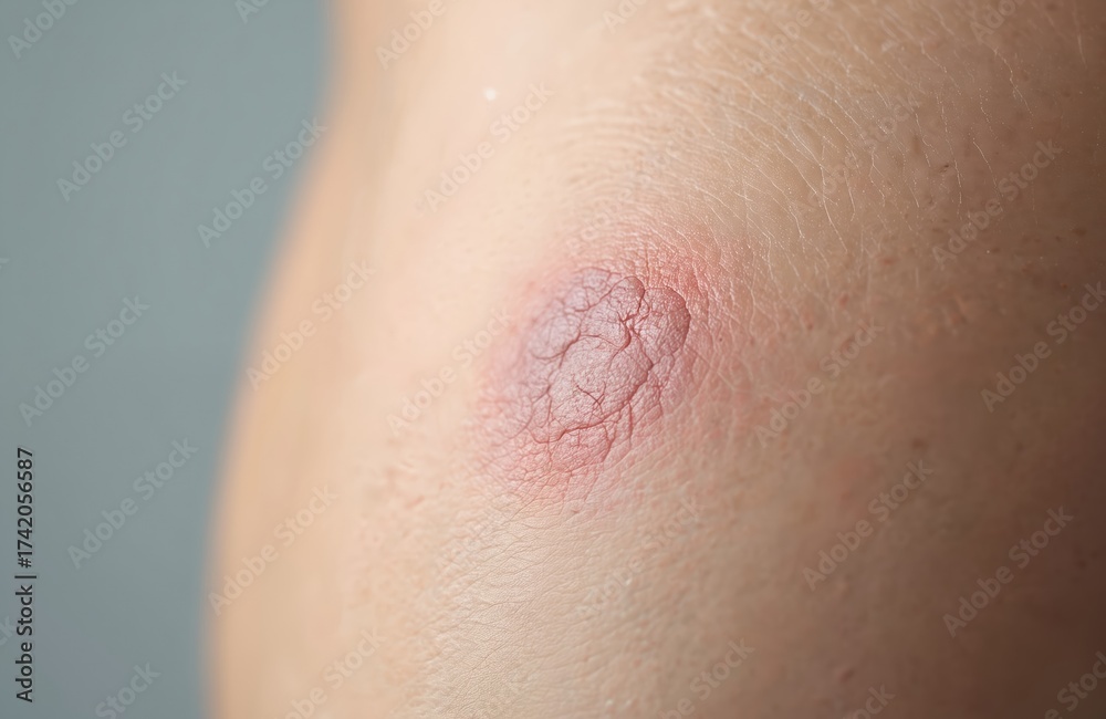 Fototapeta premium Close up of a red irritated skin area with texture. Shows inflammation, possibly a wound, bruise, or healed incision. Focus on the epidermis and subcutaneous layer. Skin condition detail.