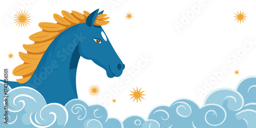 Colorful blue horse with orange mane surrounded by clouds and stars, perfect for fantasy, mythology, or creative design.