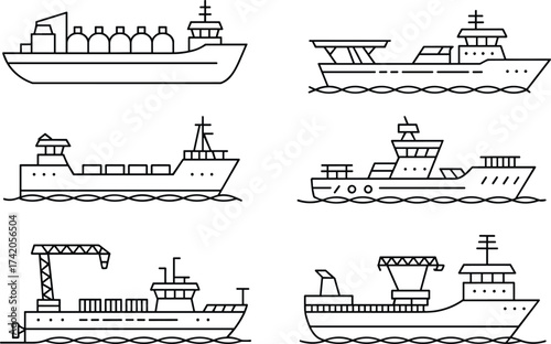 Ship illustration set, cargo vessel, patrol boat, crane ship, research vessel, maritime transport graphic, black silhouette, nautical design, ocean fleet, vessel artwork
