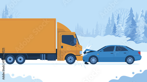 a road accident showing a collision between a blue car and an orange truck on a snowy winter road surrounded by trees. Concept of traffic danger, icy conditions, and vehicle crash safety.