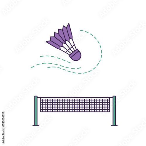 A purple shuttlecock flies over a net in a stylized depiction of a badminton game, suggesting athletic activity.