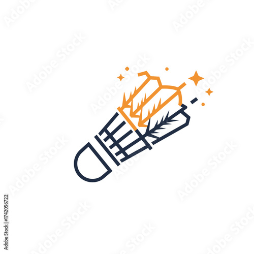 Abstract illustration of a badminton shuttlecock with feathers and stars, symbolizing sport and energy.