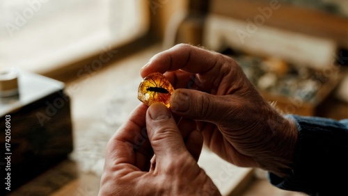 A person's hand holding a piece of amber with a fossilized insect. Amber, fossil, history, science, nature