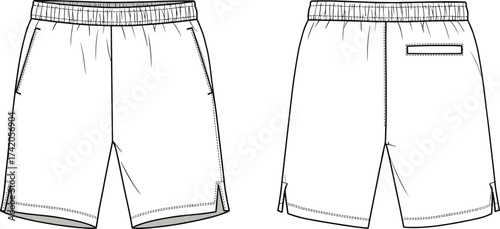 Athletic shorts front and back view, fashion flat sketch, technical apparel template, vector clothing design, garment construction drawing, sportswear CAD illustration