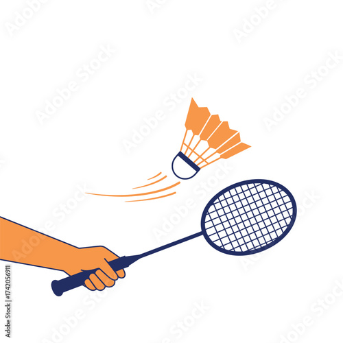A hand swings a badminton racket to hit a shuttlecock in a dynamic action shot against a clean background.
