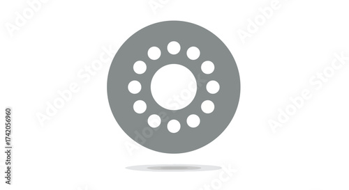 Contemporary depiction of a gray disc with circular perforations, symbolizing connectivity and data flow, set against a pristine white backdrop
