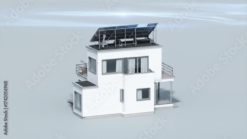 Modern house with solar panels on roof clean energy concept