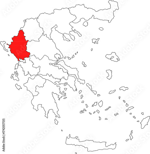 Detailed vector map of Greece highlighting Epirus (Ipeiros), the mountainous northwestern region bordering Albania and famous for its historical traditions.

