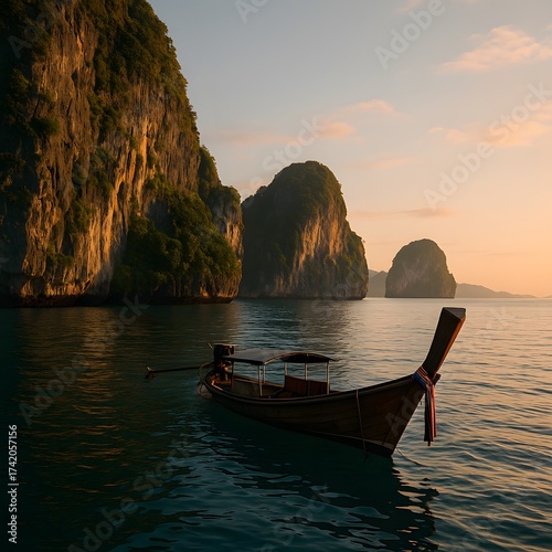 Longtail Boat on Calm Waters Island Scenery Tropical Vacation Sunset