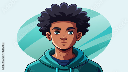 Portrait of a teenage Afro boy in hoodie, calm and confident, minimalist vector design, smooth gradients, clean white background, symbolizing youth culture and street-inspired fashion style.