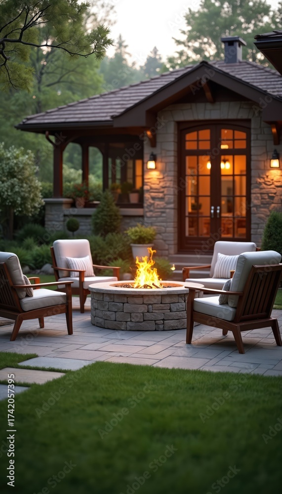 Obraz premium Cozy patio scene features stone fire pit with warm flames surrounded by comfortable chairs. Home garden with lush green plants and stone house provides inviting outdoor space for cool evenings.
