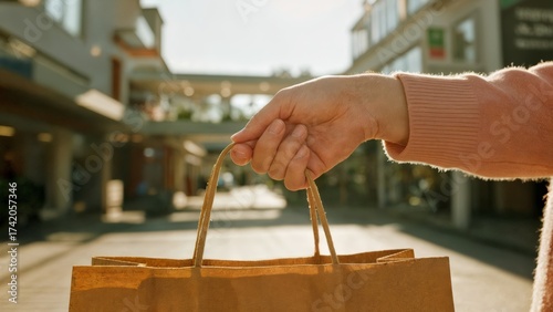 A person's hands holding a shopping bag. Shopping, retail, purchase, consumerism, lifestyle