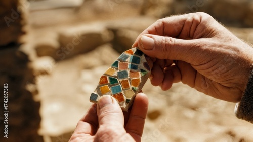 A person's hand holding a piece of mosaic. Mosaic, ancient art, history, heritage, archaeology