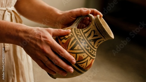 A person's hand holding a Greek amphora. Amphora, ancient pottery, art, culture, history