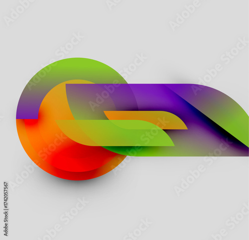 Abstract colorful shapes overlap, creating dynamic visual effect. Gradients blend smoothly, forming flowing composition. Modern design.