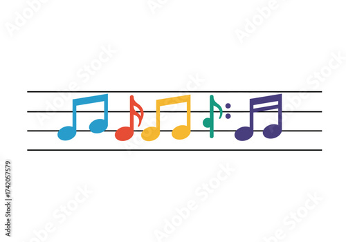 Colorful Musical Notes on Staff Lines Music Education Concept.