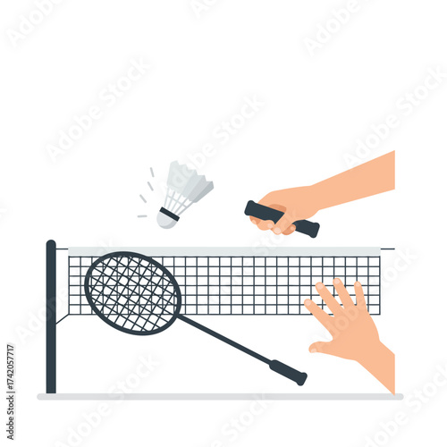 Close-up illustration of a badminton game with a shuttlecock, racket, net, and hands in motion.