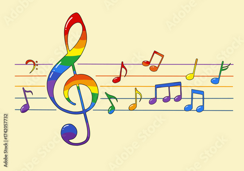 Rainbow Music: Colorful Notes on Staff Lines.