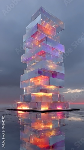 Iridescent stacked glass blocks create an abstract tower against a dark, moody sky, reflecting in water, with orange and purple hues adding ethereal glow.