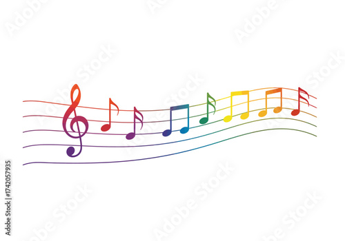 Colorful Music Notes on Staff Rainbow Gradient Musical Notation.