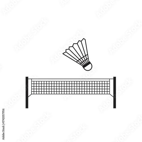 Simple line art illustration depicting a badminton shuttlecock in mid-air above a net, symbolizing the sport.