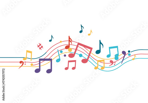 Colorful Musical Notes and Staff Lines Illustration on White Background.