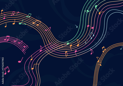 Colorful Musical Notes on Staff Lines Abstract Design.