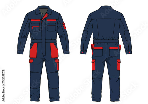 Front and back view of a dark blue and red work jumpsuit.