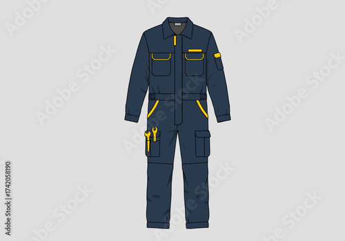 Professional navy blue protective workwear jumpsuit isolated.